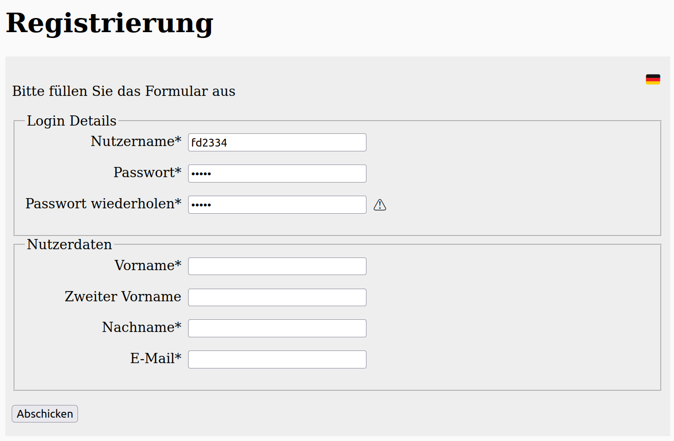 Registrierungsformular Deutsch